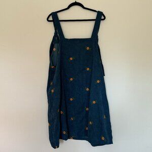 Cider Blue Corduroy Tank Dress with Embroidered Floral Pattern